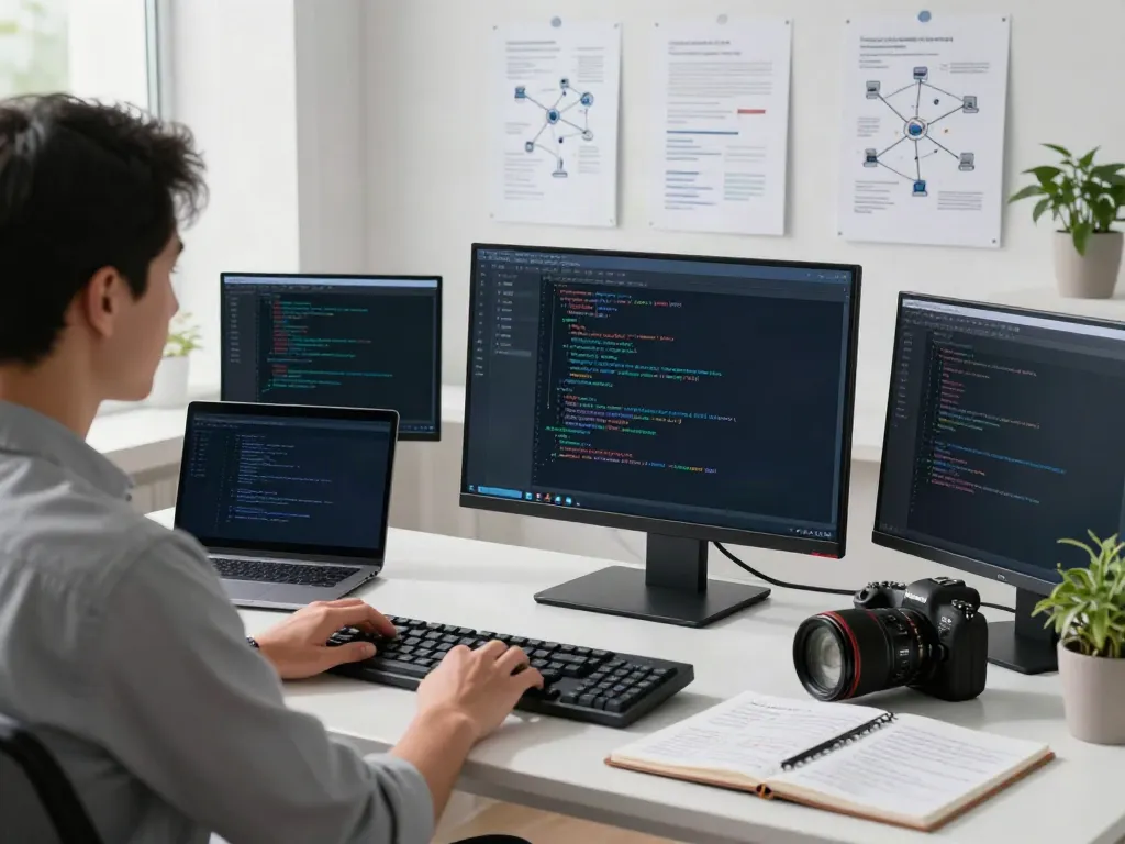 v2rayN application being configured on a professional desk with technical manuals and plants in a modern workspace