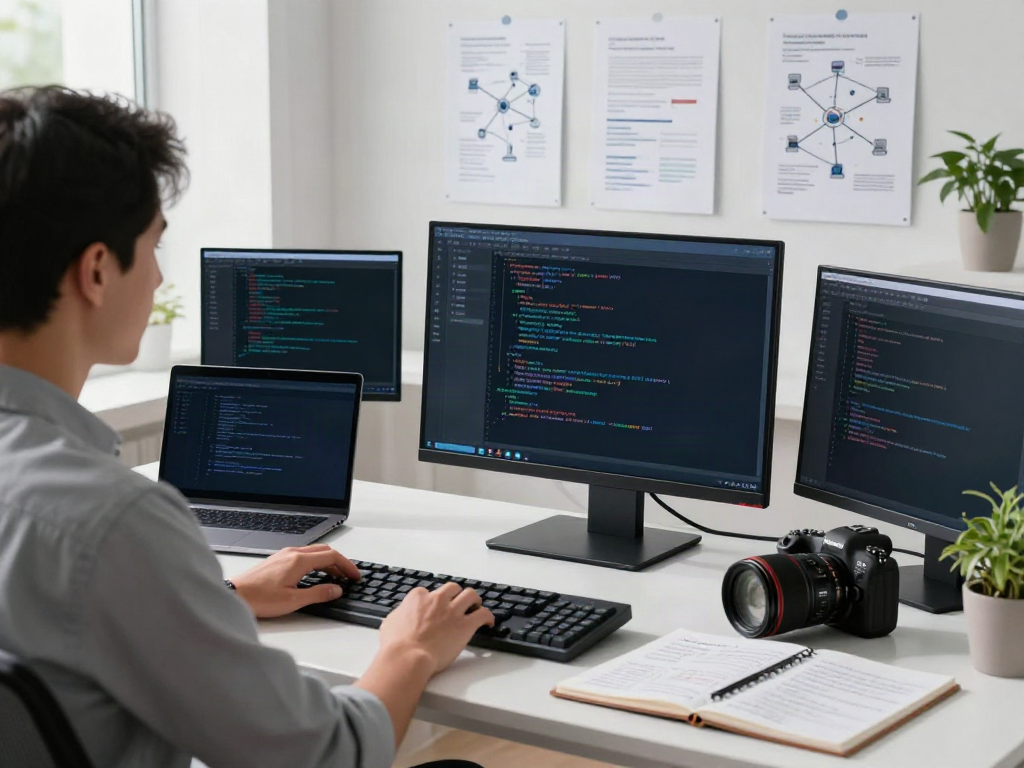 v2rayN application being configured on a professional desk with technical manuals and plants in a modern workspace