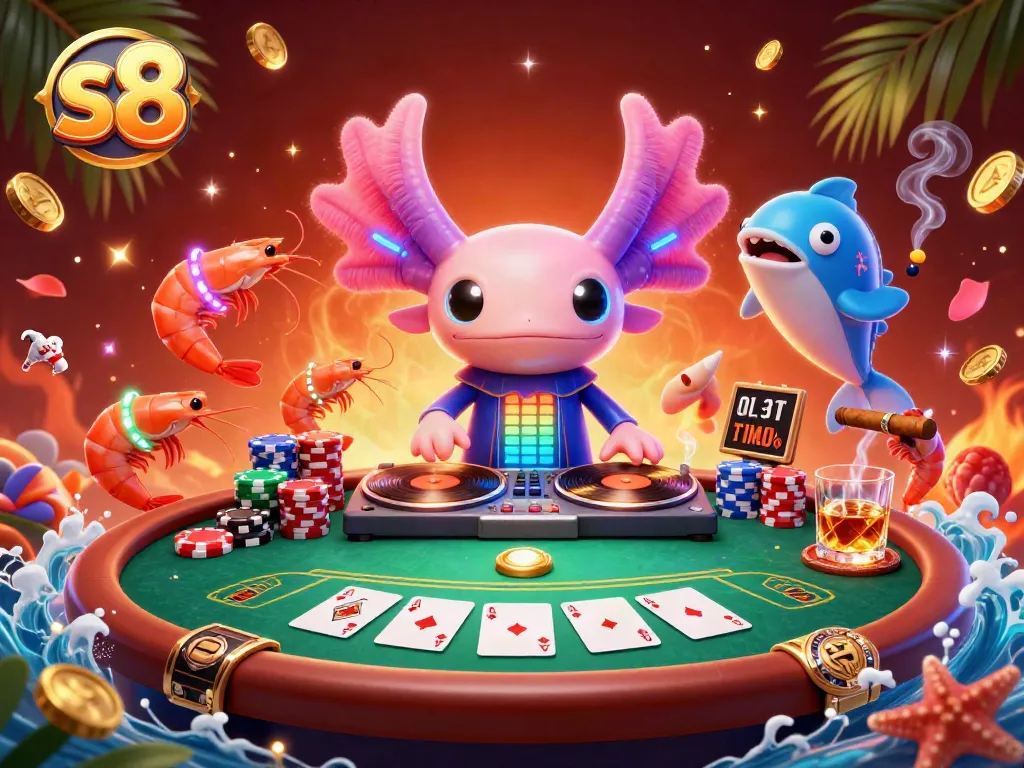 S8 offers high-stakes poker table action with vibrant axolotl DJ and dancing shrimp.