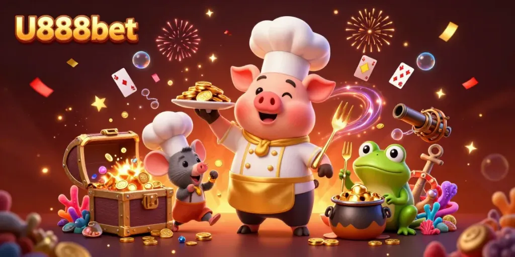 Experience thrilling wins with U888bet in this dynamic casino scene featuring gold coins and playful characters.