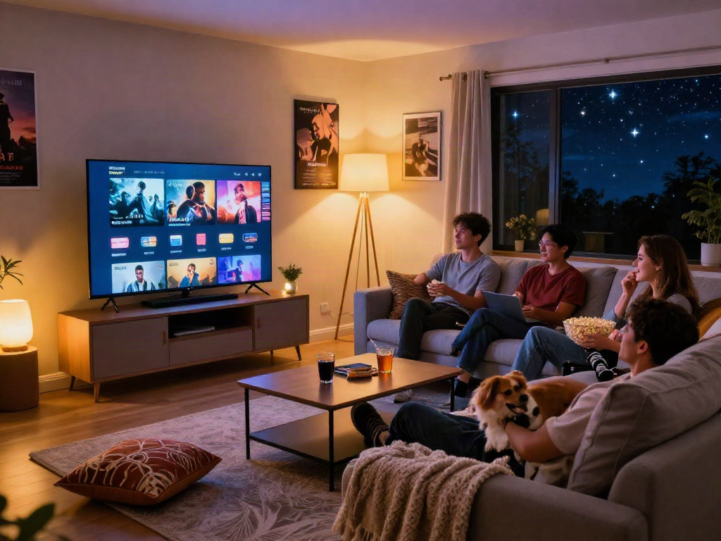 Gather friends for a Moviebox night, enjoying films with popcorn and drinks in a cozy setting.