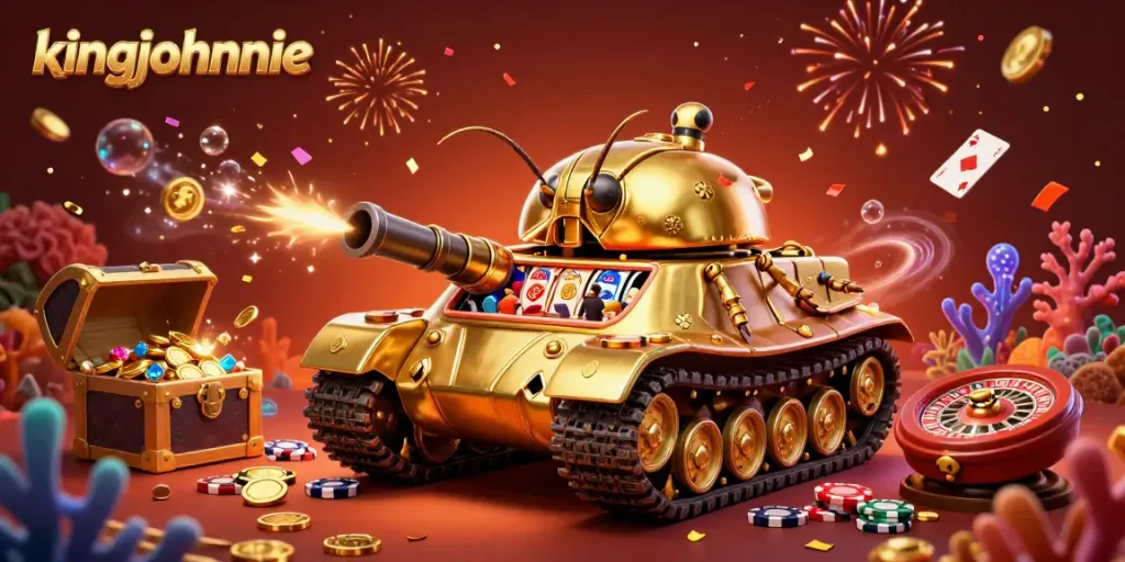 Experience the excitement of kingjohnnie's vibrant casino with colorful chips and games in a 3D illustration.