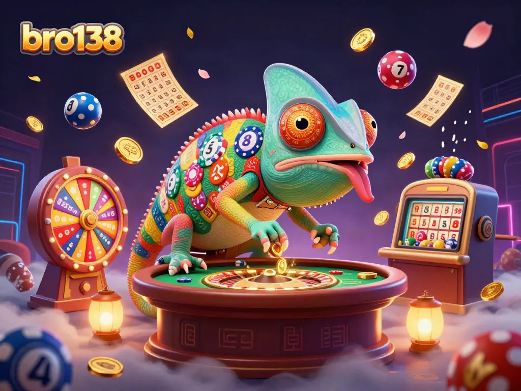 Experience the excitement of bro138 with a vibrant casino scene featuring a chameleon owner and dynamic game elements.