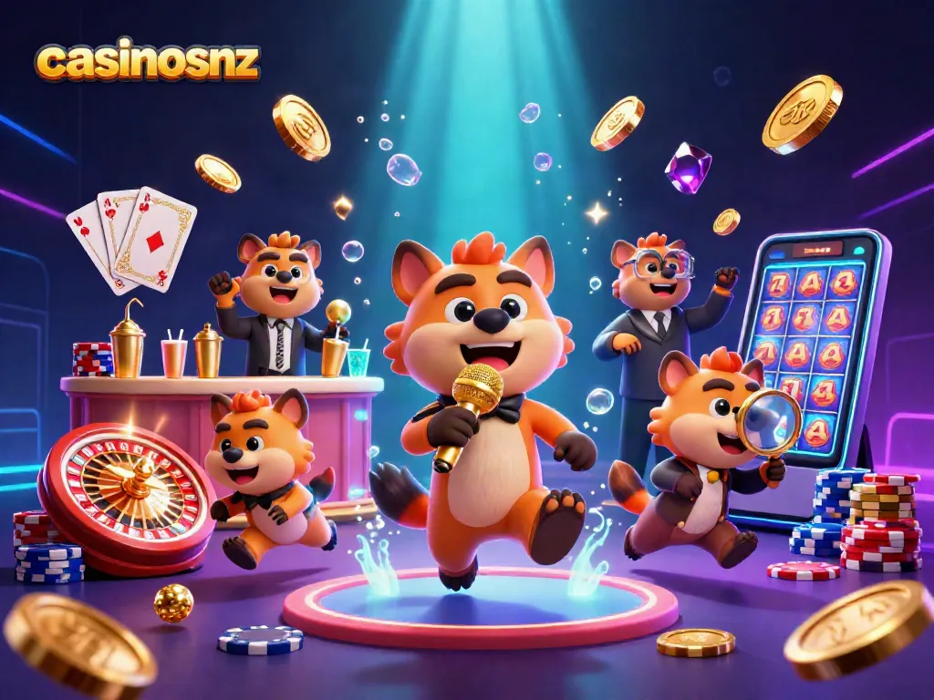 Experience the excitement at casinosnz with a vibrant casino scene featuring a hyena comedy club.