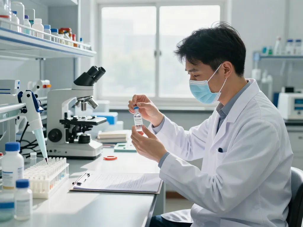 N-Acetyl Semax peptide research in a bright lab with a researcher examining a vial