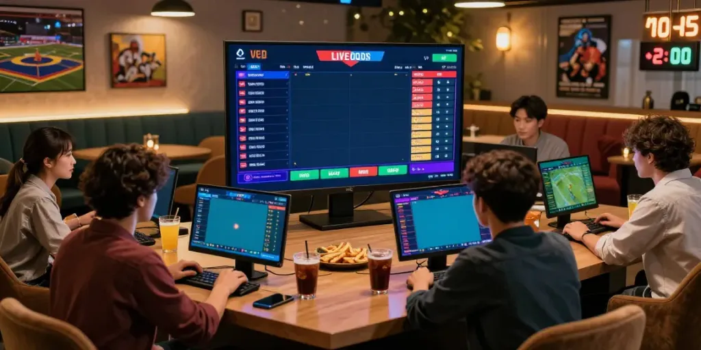A dynamic sports betting scene with diverse bettors engaging with the DewaGG app in a lively lounge.