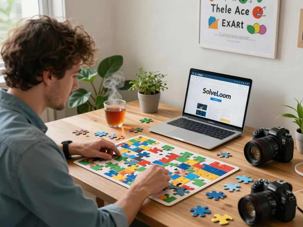 Engaging puzzle-solving moment on solveloom.com in a cozy home office setting.
