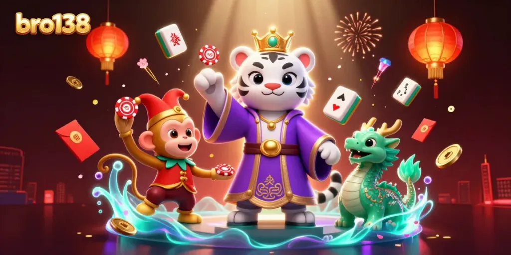 Experience thrilling wins at bro138 with our vibrant, dynamic casino illustration featuring fantastical characters in action.