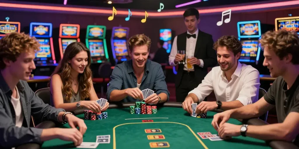 Suasana permainan poker yang seru dengan kelompok teman-teman di kasino, menggambarkan ketegangan dan kesenangan bermain rajalangit77.