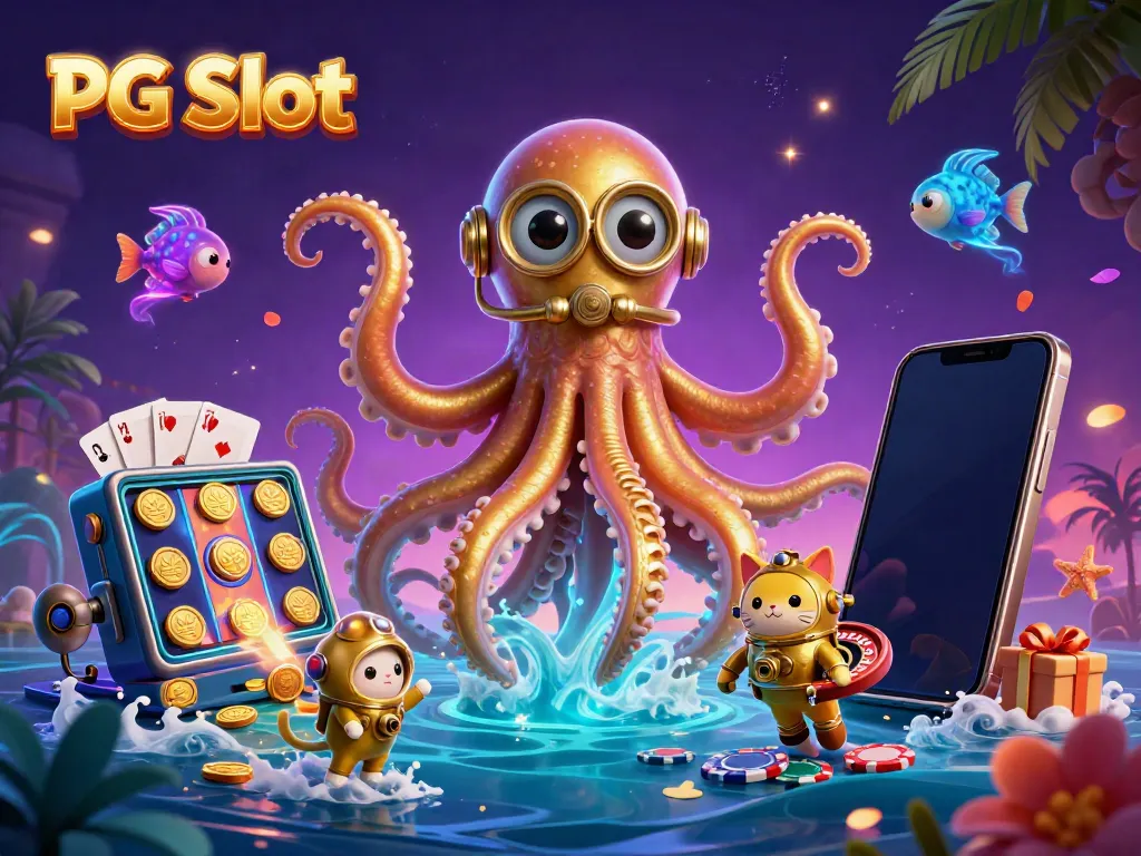 Permainan PG Slot yang menarik dengan karakter kraken dan kucing selam dalam ilustrasi 3D
