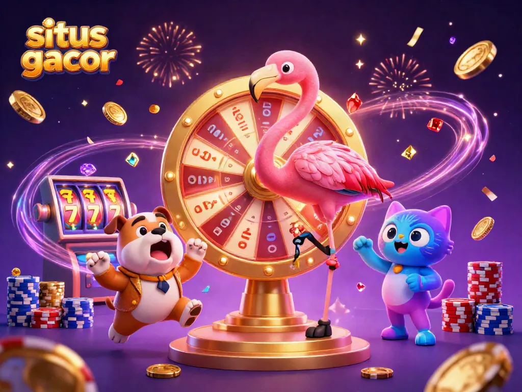 Permainan situs slot gacor yang menarik dengan karakter animasi bersemangat dan elemen kasino yang kaya akan detail.