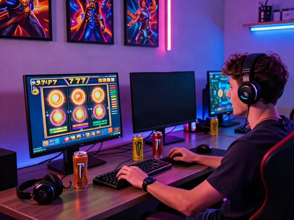 Engaging gamer playing slot777 online with vibrant graphics, showcasing an immersive gaming environment.