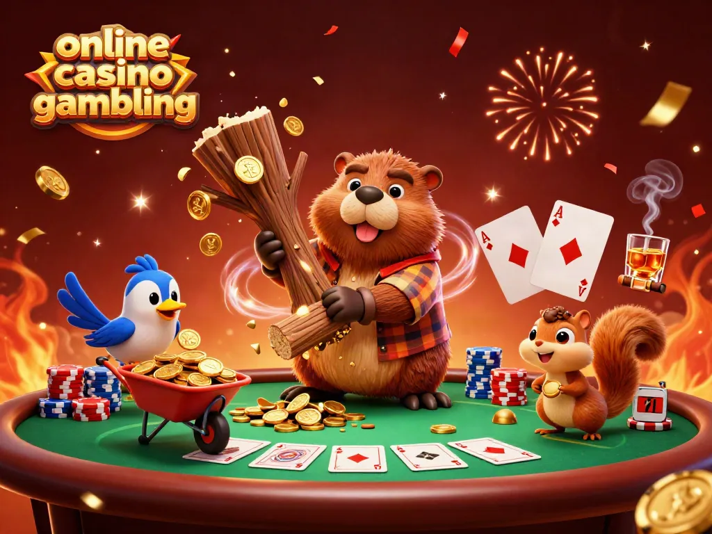 Engaging scene of online casino gambling with lively characters collecting golden coins and poker elements.