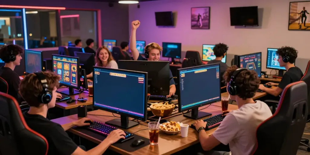 Engaging evening at a gaming lounge featuring players enjoying toto slot online games with vibrant atmosphere.
