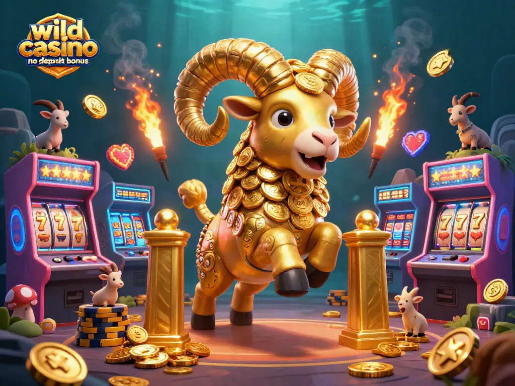 Experience the wild casino no deposit bonus action with a golden ram and gaming elements in a vibrant scene.