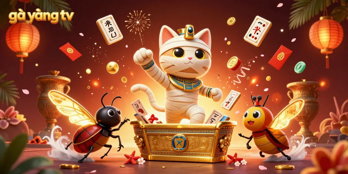 Engage with gà vàng tv featuring a vibrant 3D Egyptian mummy cat scene in a lively pyramid casino.