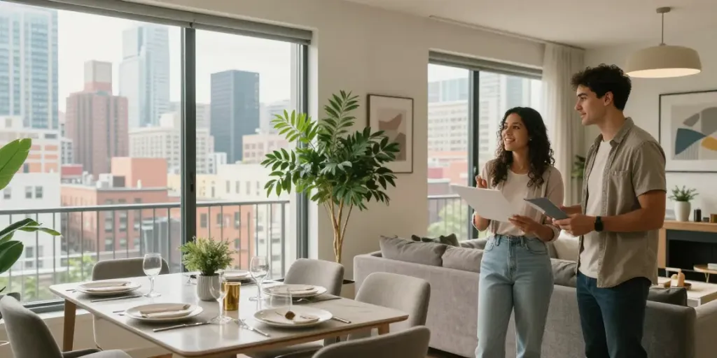 New launch condo living room with young couple discussing design choices in urban setting
