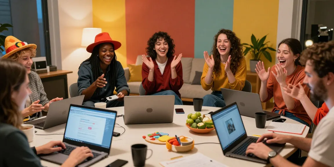 Adults enjoying online improv classes for adults, laughing and participating in creative exercises.