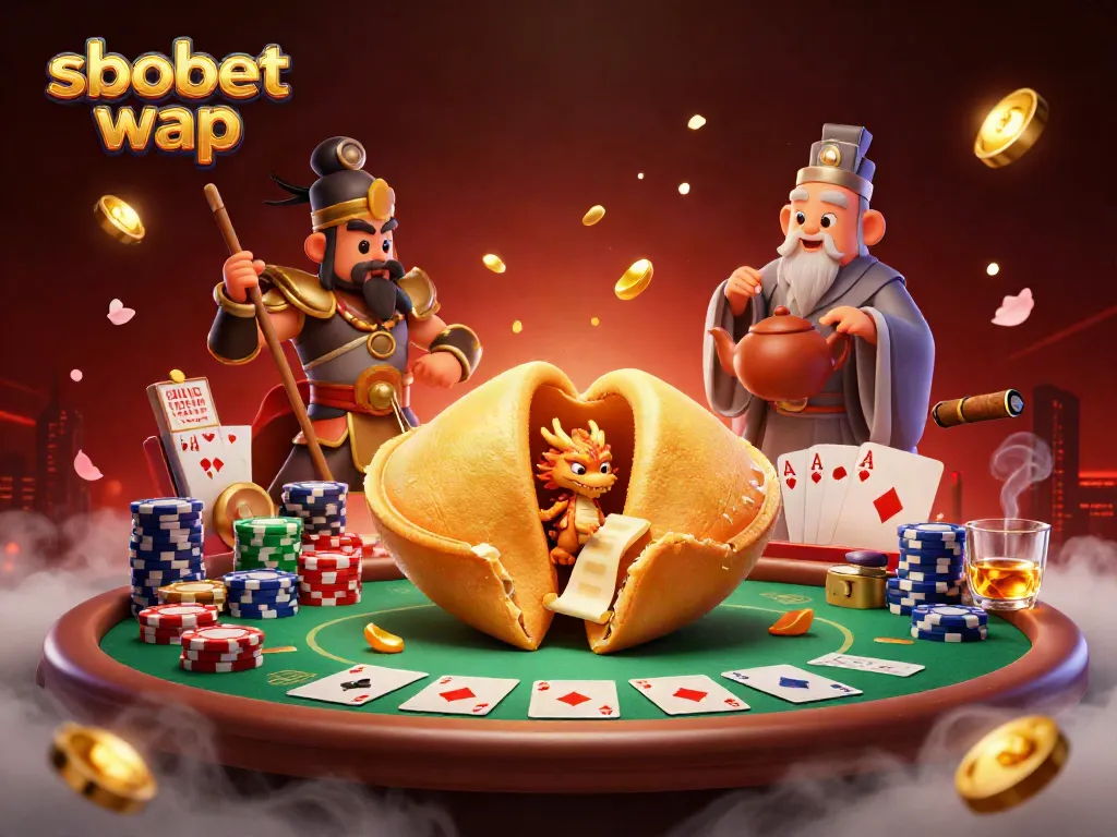 Engage with sbobet wap through an enchanting scene of golden fortune cookie characters and poker elements.