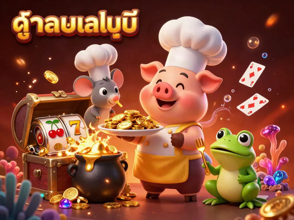 Experience ดูบอลออนไลน์ with a lively 3D cartoon scene featuring whimsical characters and exciting gambling elements.