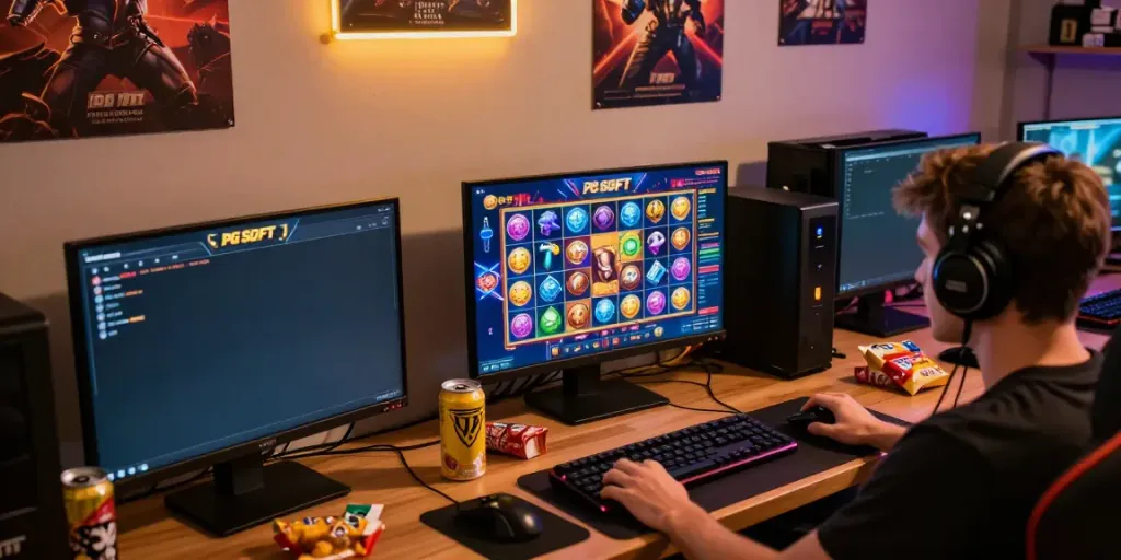 Player enjoying a PG SOFT slot game in a vibrant gaming setup, showcasing excitement and colorful graphics.
