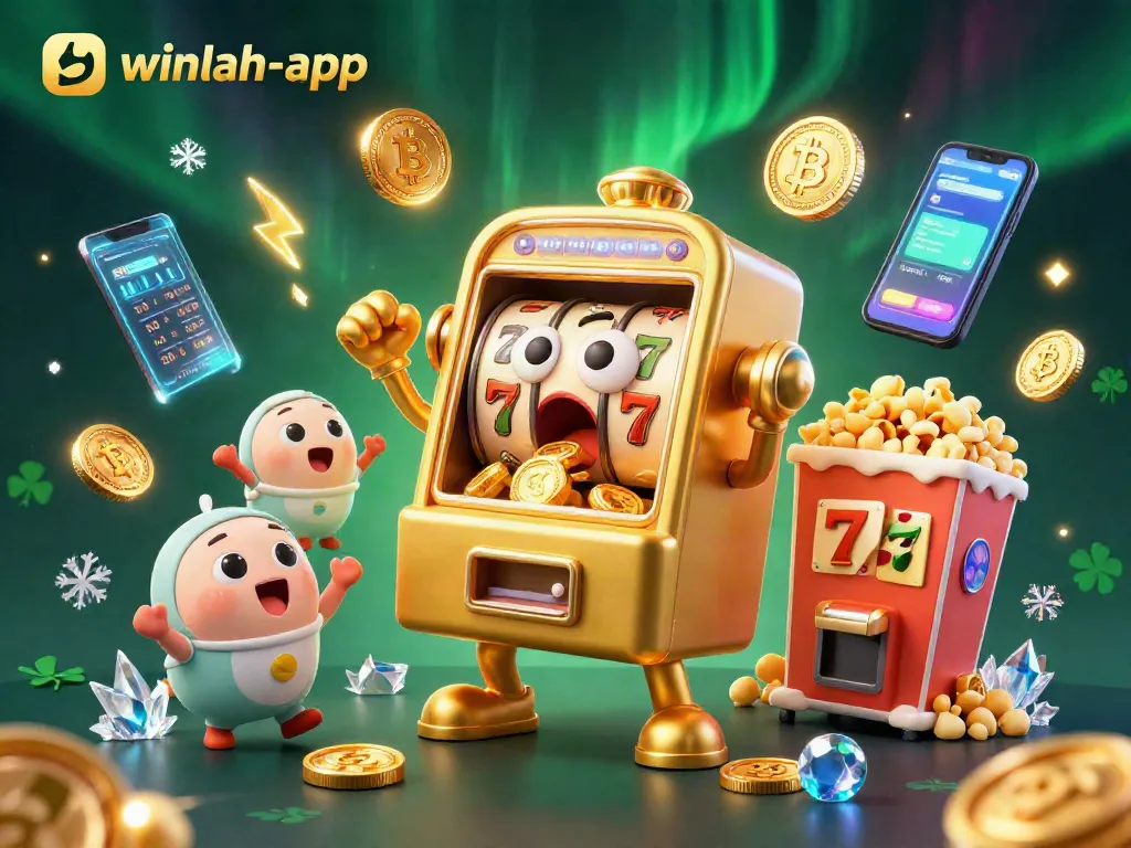 Winlah-app slot machine bursts with coins while celebrating jackpot wins in a vibrant casino scene.
