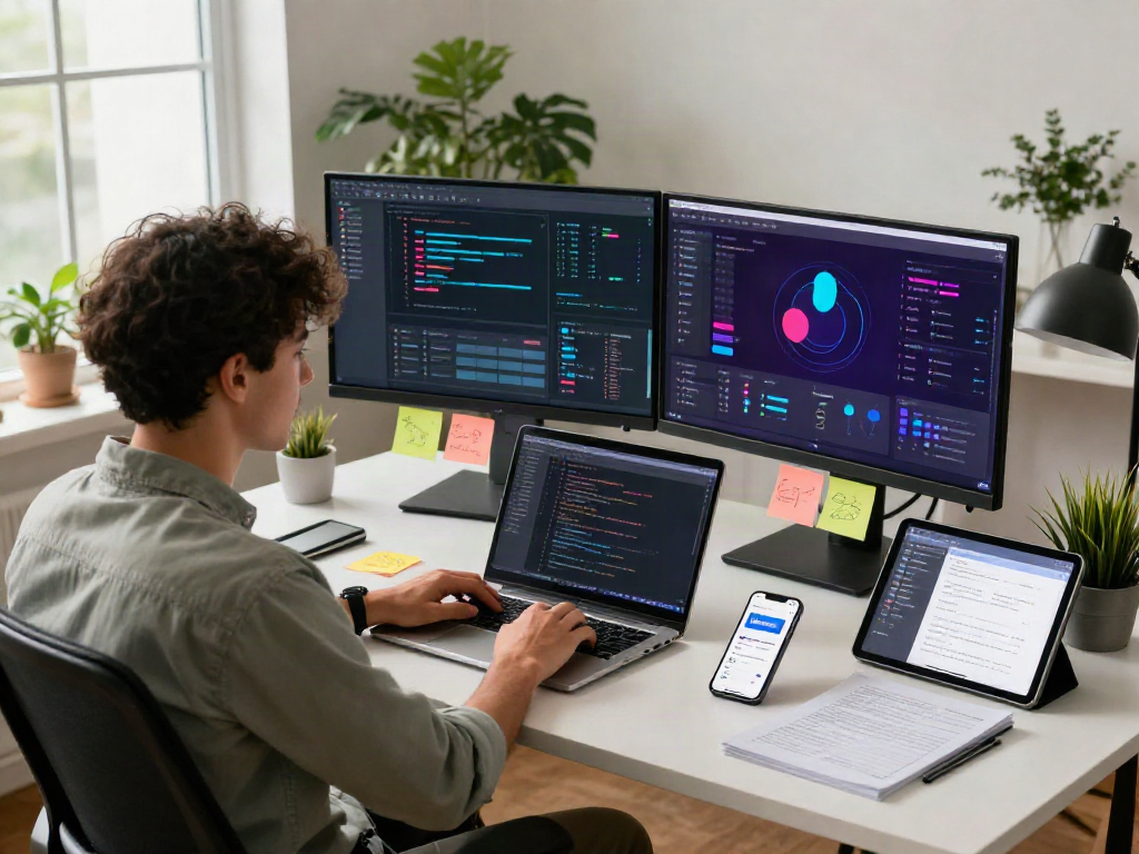 Developer coding on computer screen displaying Pikashow apk app interface in a bright workspace.