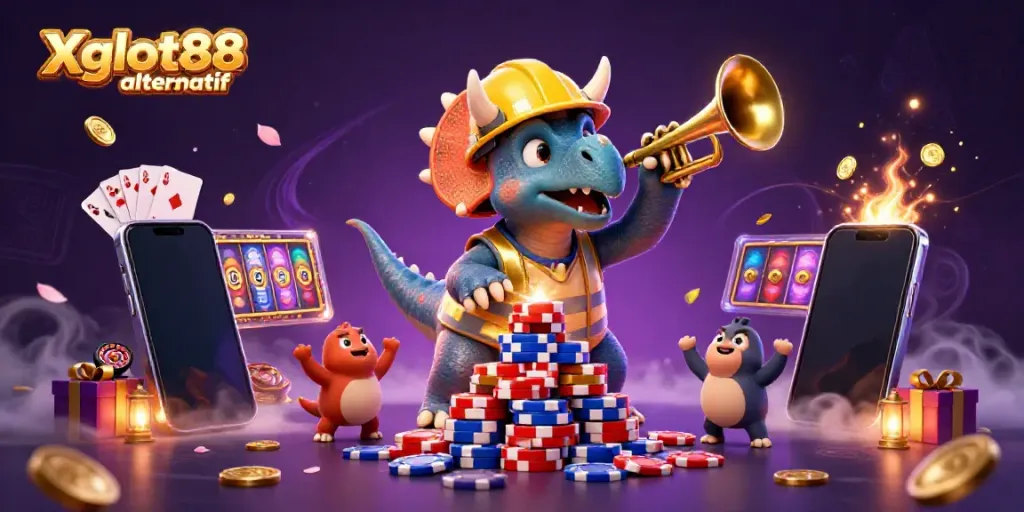Gambar ilustrasi 3D yang menunjukkan Xgslot88 alternatif dengan dinosaurus meriah di kasino
