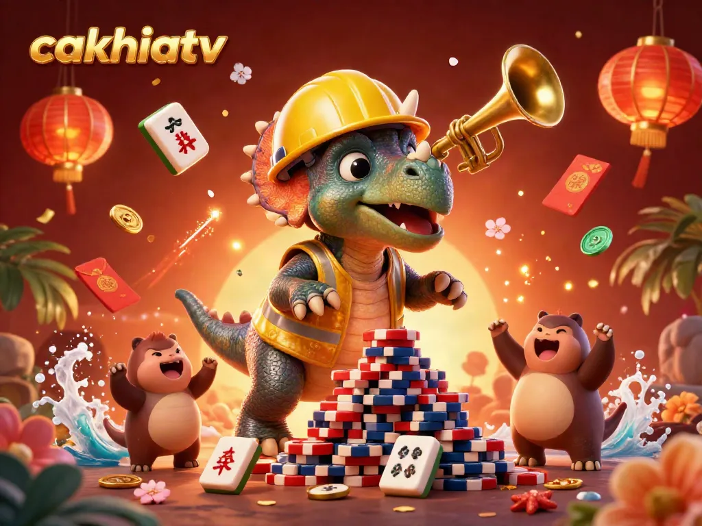Bet on your favorite games with cakhiatv's vibrant casino-themed artwork illustrating a celebratory scene.