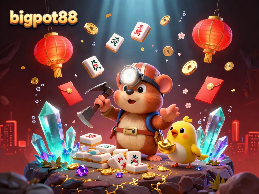 Experience the thrill of bigpot88 with a treasure-hunting mole amid dazzling gems and glowing casino elements.