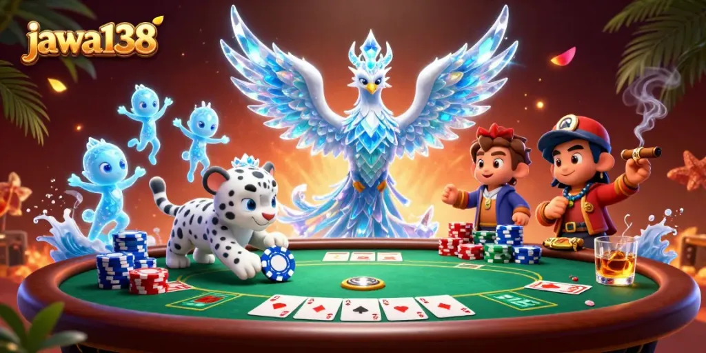 Engage in thrilling gameplay at jawa138, featuring a stunning ice phoenix and poker elements.