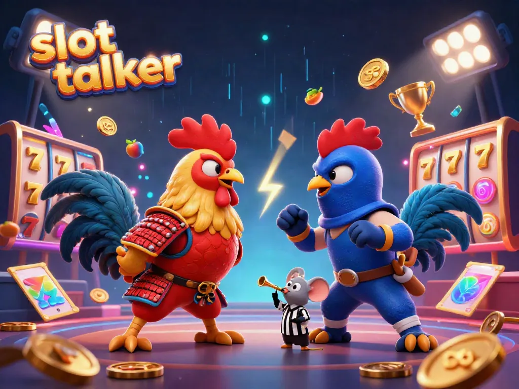 Engaging illustration featuring "slot talker" with twin fighting roosters and dynamic slot game elements.