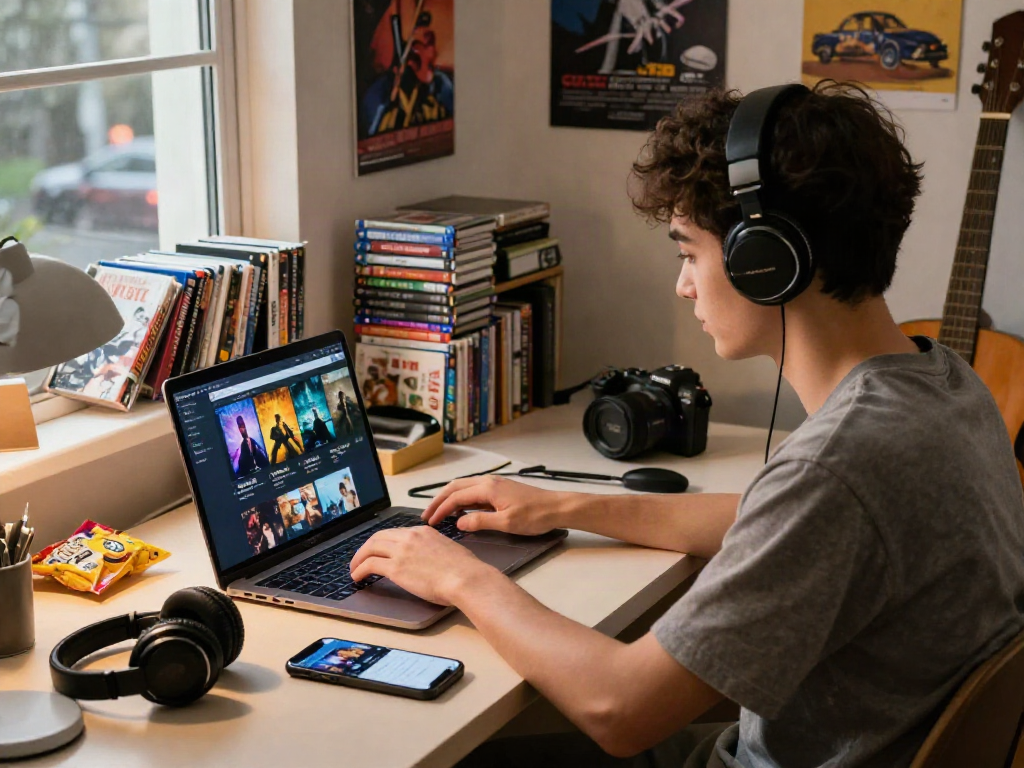 Engaging in filmyzilla download at a cozy home office with snacks and a laptop.