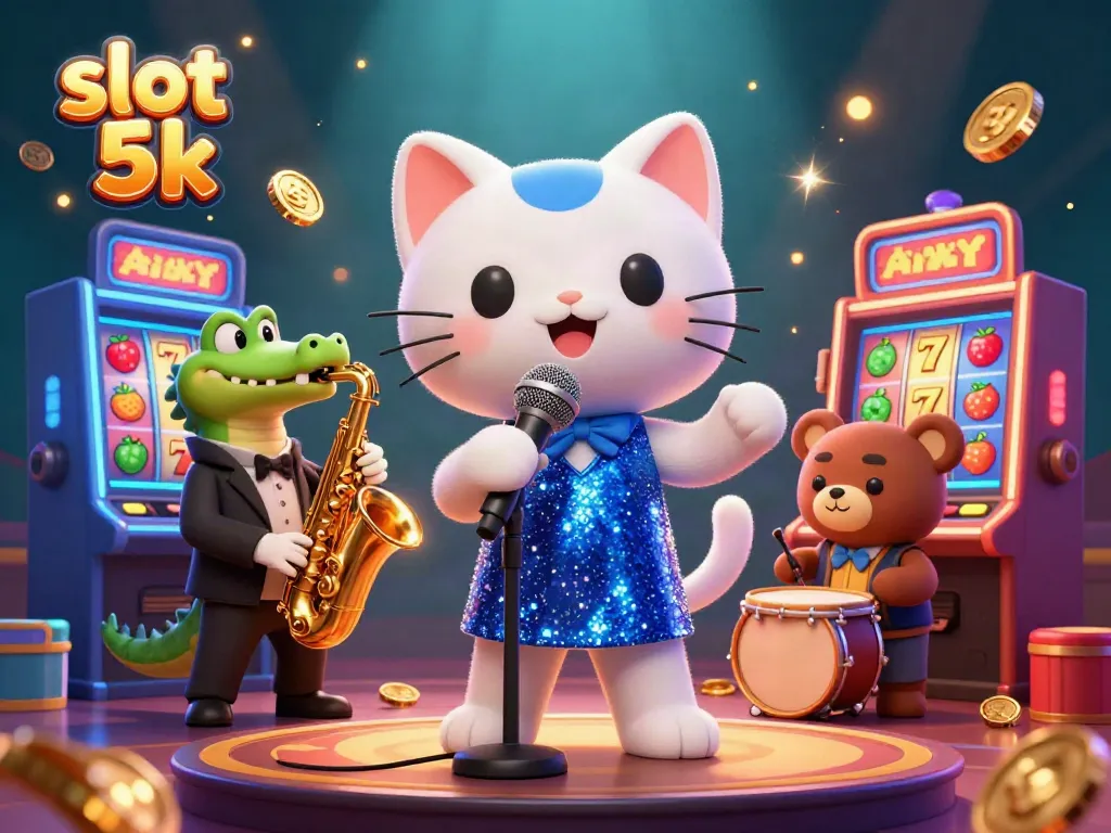 Engage with the vibrant slot 5k scene featuring a jazz-singer cat, saxophone crocodile, and drum bear in a lively casino atmosphere.