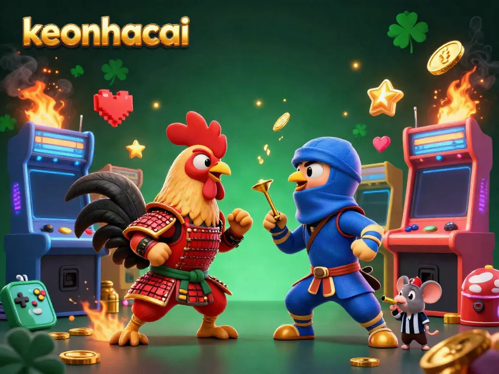 Experience intense competition with keonhacai in a vibrant, dynamic illustration featuring samurai and ninja roosters.