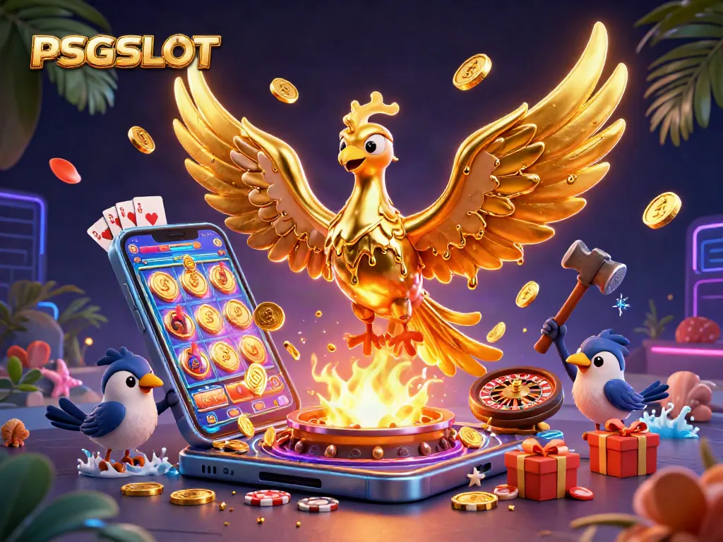 Engage with PSGSLOT's vibrant 3D casino scene featuring a golden phoenix and dynamic gaming elements.
