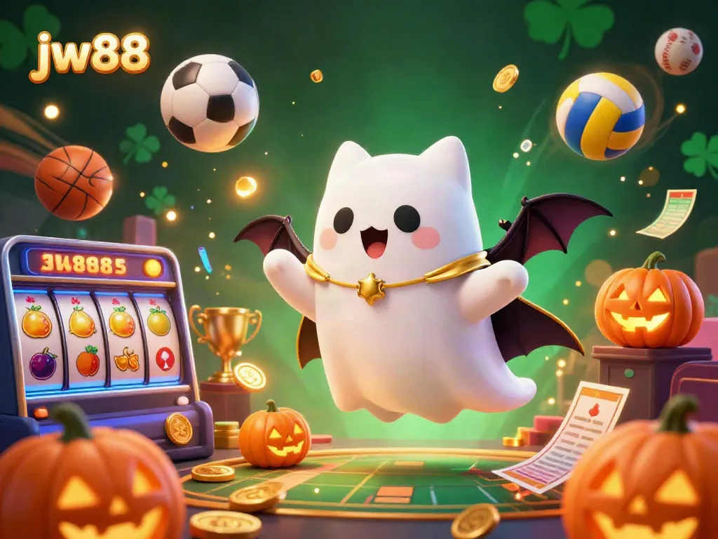 Experience the thrilling gameplay at JW88 Casino with a floating friendly ghost cat and dynamic slot machines.