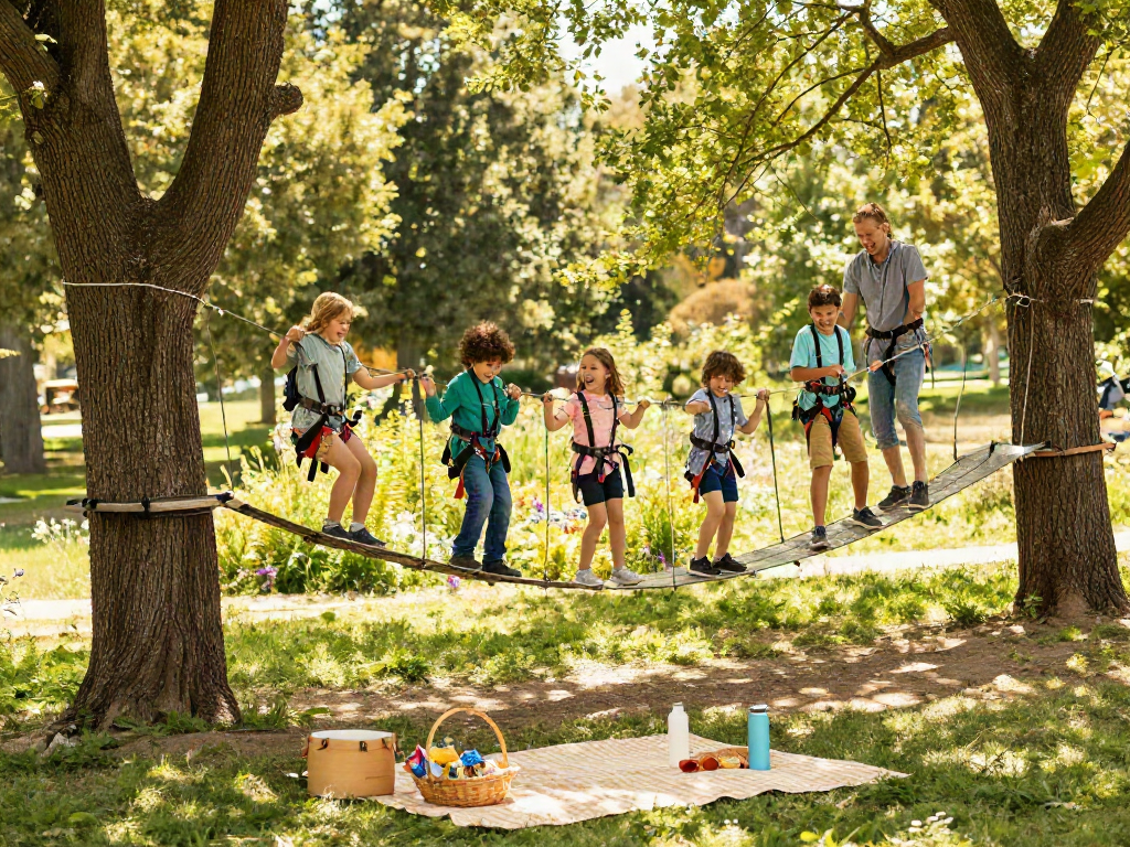Children joyfully crossing a rope bridge in a vibrant park setting.