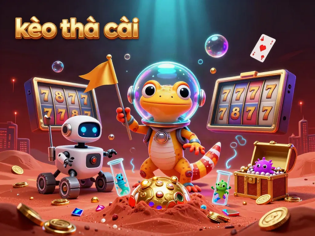 Engaging kèo nhà cái scene highlights a Martian gecko discovering a golden casino along with vibrant casino elements.