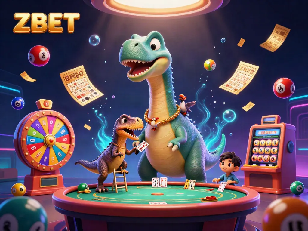 ZBET offers vibrant gaming action with a dinosaur and a raptor dealer in a lively casino scene.