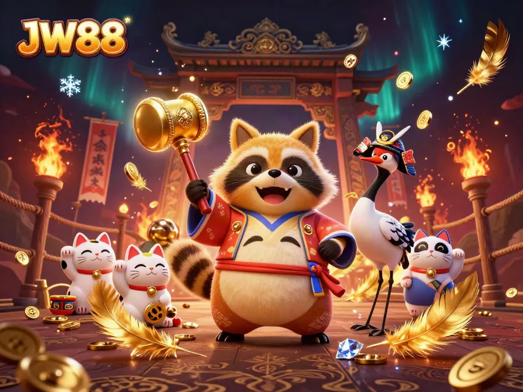 Unleash fortunes with JW88's vibrant gambling services, illustrated through cheerful tanuki and lucky symbols.