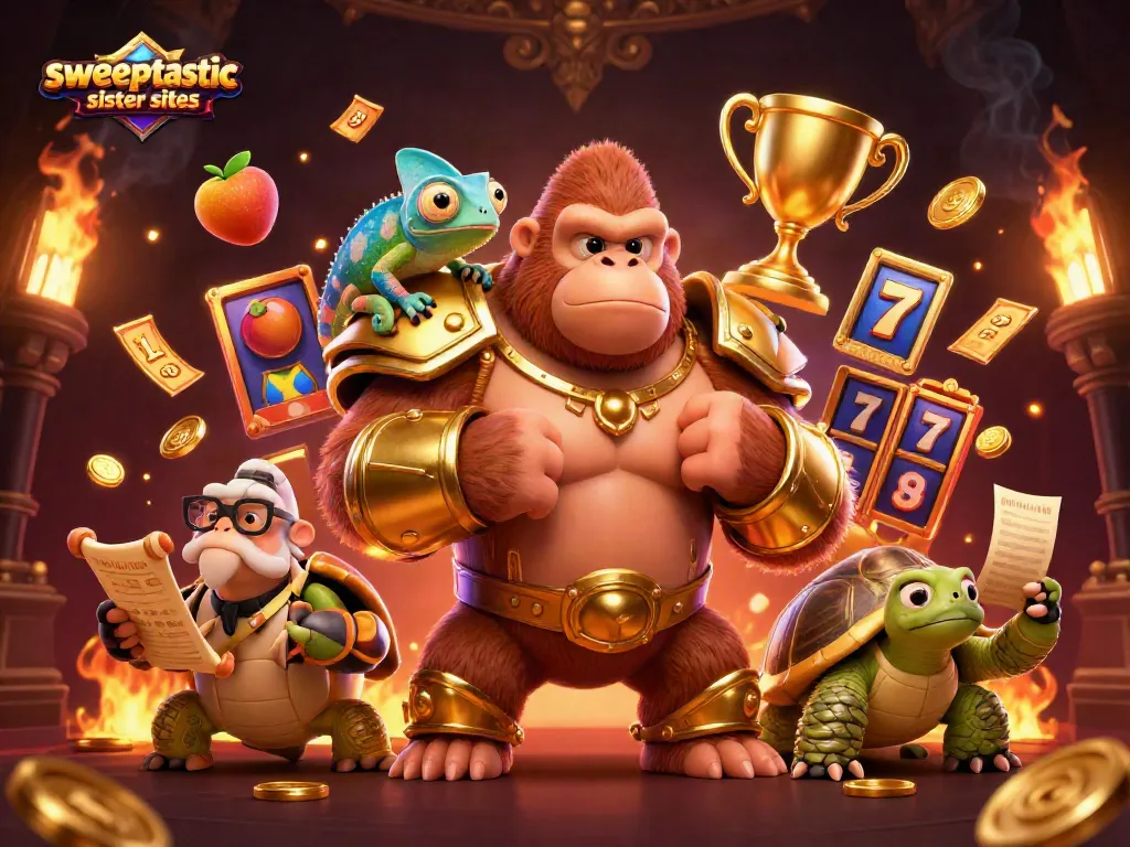 Sweeptastic sister sites showcase a powerful gorilla king conquering a vibrant casino world with gold coins and slot symbols.
