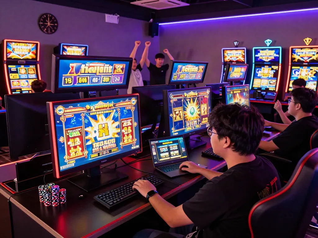 Exciting gaming lounge with slot gacor maxwin motifs, capturing vibrant gaming atmosphere and player engagement.
