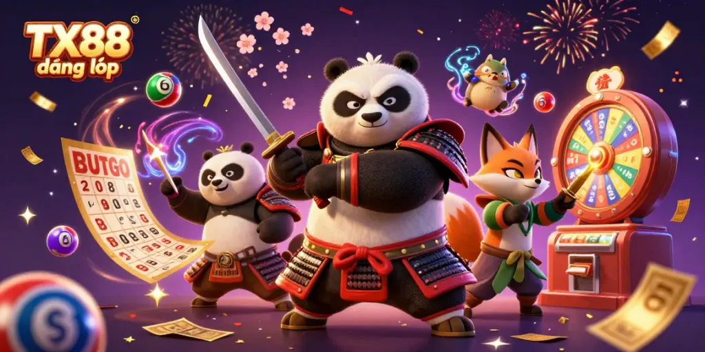 Engage with TX88 đăng nhập through a dynamic casino scene featuring a samurai panda and colorful game elements.