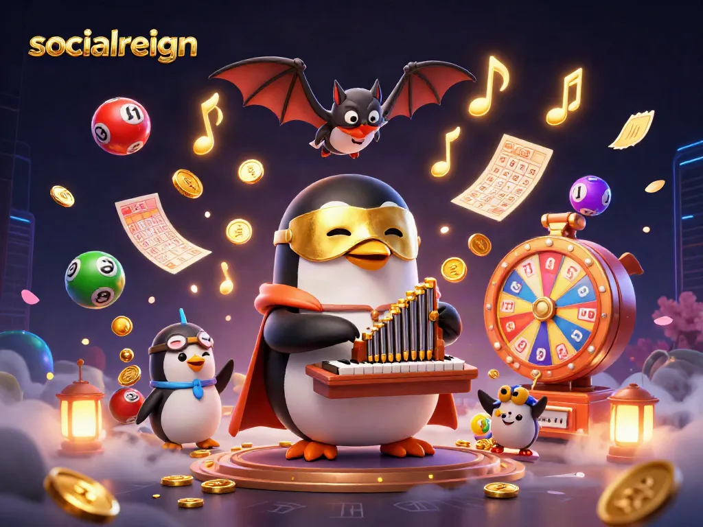 Play and win with socialreign - a lively casino scene filled with winning lottery balls and golden treasures.