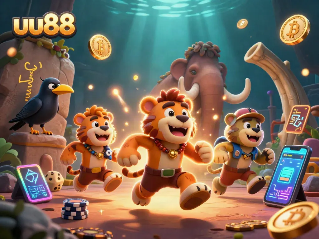 uu88 caveman and sabertooth duo play poker in a vibrant prehistoric casino setting, featuring crypto coins and neon elements.
