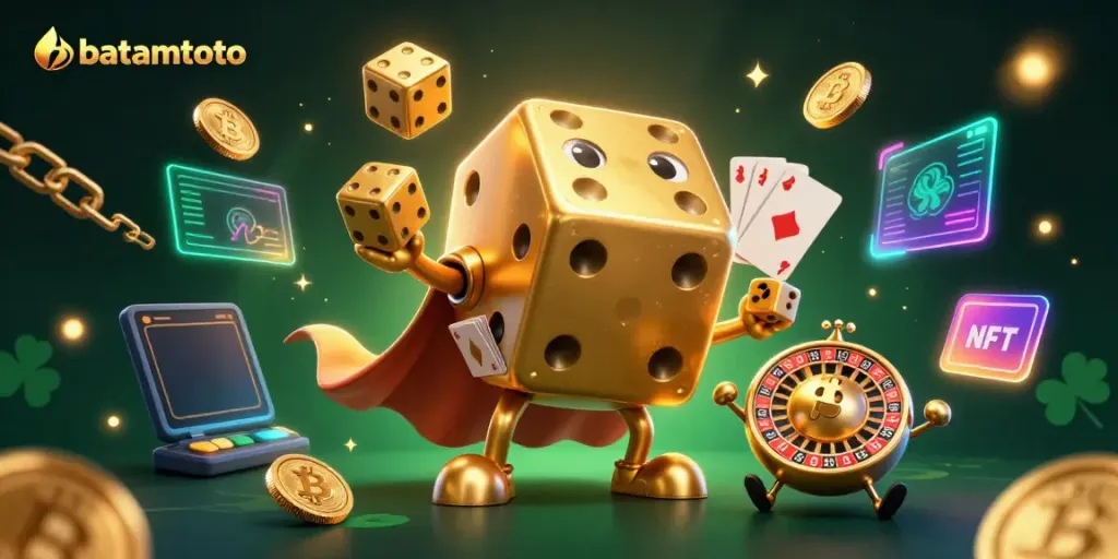 Experience batamtoto through a vibrant 3D casino scene with golden dice and crypto symbols.