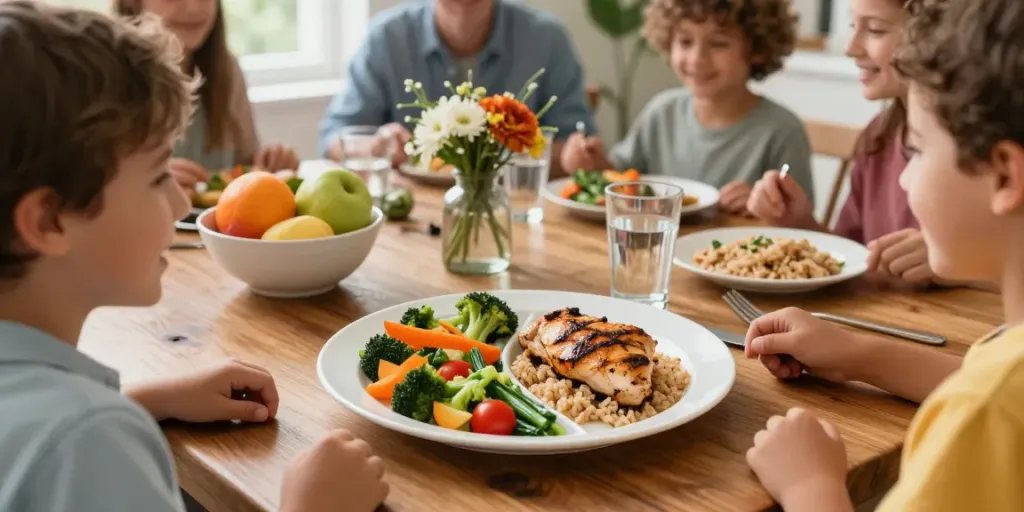 A family enjoying a balanced meal using the Portion Control Plate with sections for vegetables, protein, and grains, showcasing effortless healthy eating.