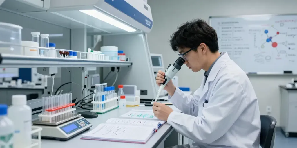 Research scientist analyzing selank/semax blend peptides in a modern lab.