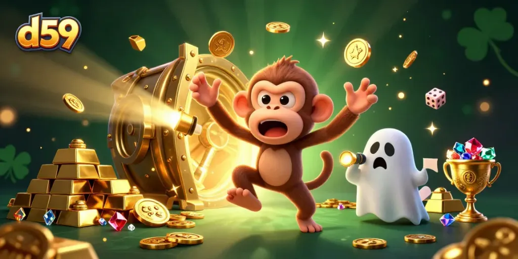 The d59 casino illustration features a poltergeist monkey juggling gold while a ghost-hunter puppy follows, amidst a dynamic casino backdrop.